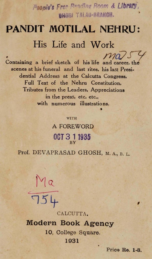 Pandit Motilal Nehru: His Life work