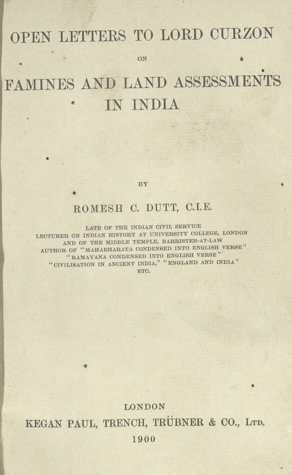 Open letters to Lord Curzon on famines and land assessments in India
