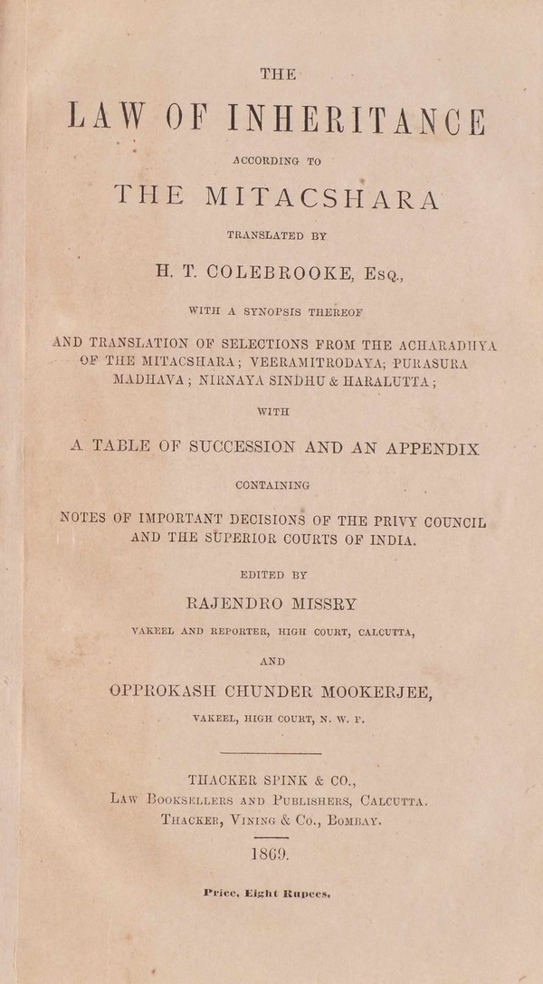 Law of Inheritance acording to the Mitacshara.