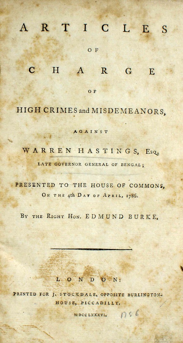 Articles of Charge of High cromes & Misdeemeanors & agaist Warren Hastings