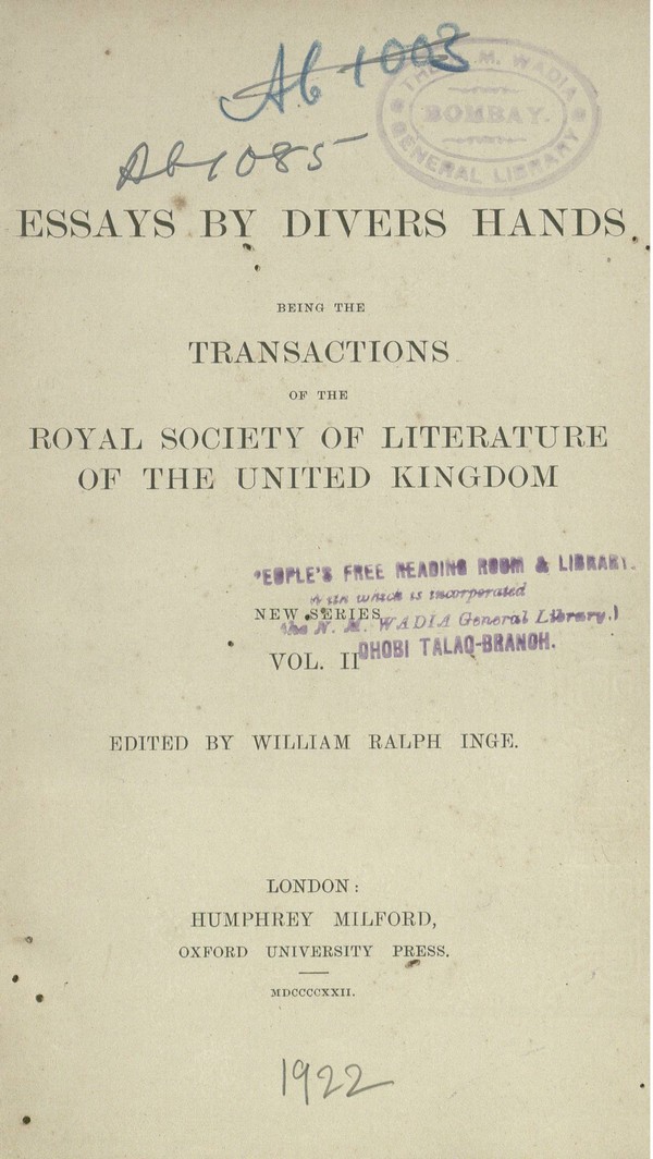 Essays by Divers Hands being the Transactions of the Royal Society of Literature of the United Kingdom. Vol.II