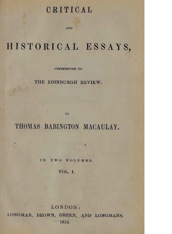 Critical and Historical Essays contributed to The Edinburgh Review
