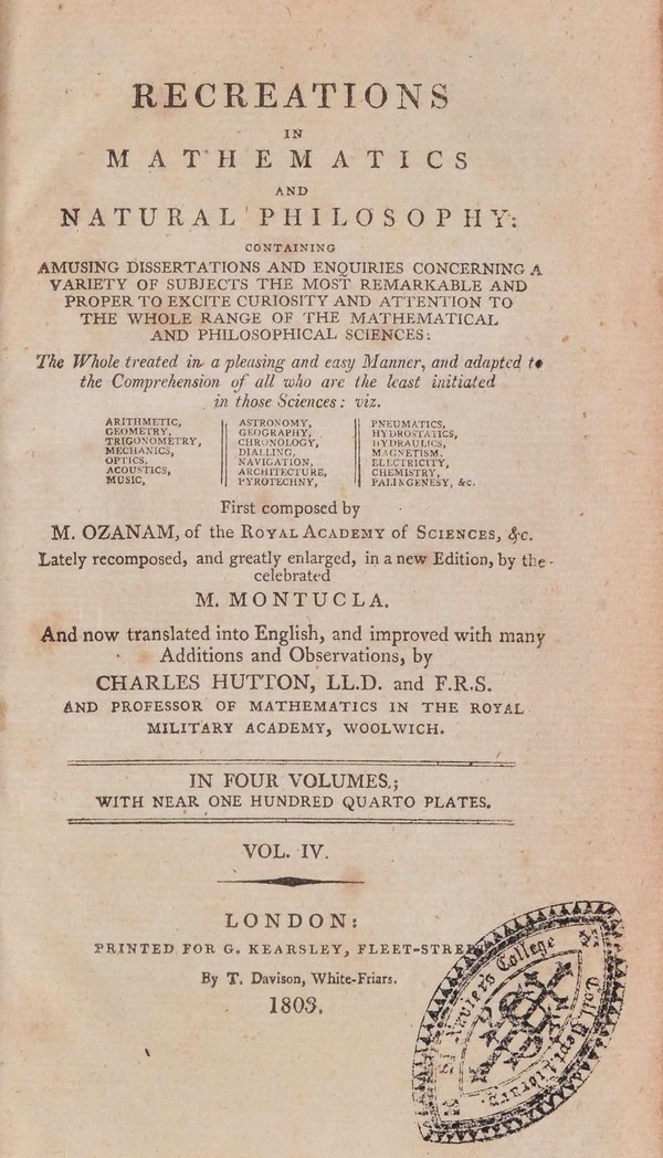 Recreations in Mathematics and Natural Philosophy. Vol. IV
