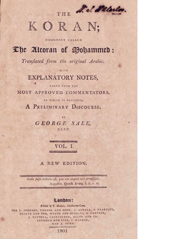 The Koran : Translated into English from the Original Arabic Explanatory Notes. Vol. I